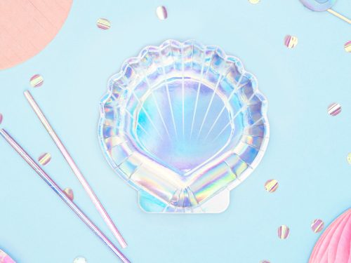 Kagyló alakú irizáló papírtányér Sellő party (6 db)