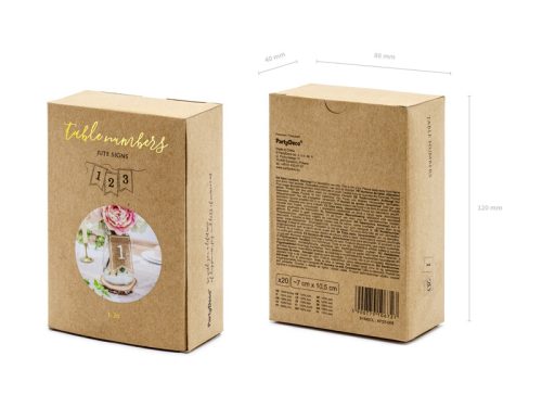 Juta asztalszámok 1-20-ig, fehér nyomattal (20 db)