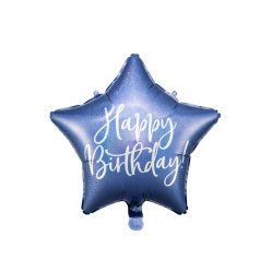   Csillag fólia lufi "Happy Birthday" felirattal, sötétkék