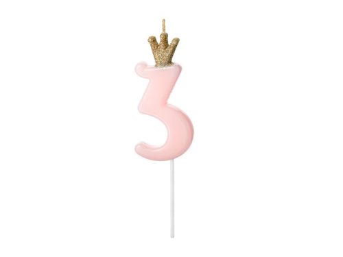 Szülinapi számgyertya koronával "3" rózsaszín