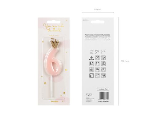 Szülinapi számgyertya koronával "6" rózsaszín