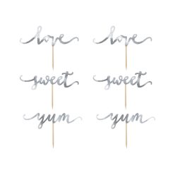 Süti dísz "Love, Sweet, Yum" ezüst (6 db) 