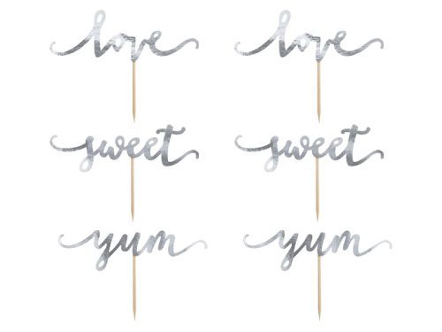 Süti dísz "Love, Sweet, Yum" ezüst (6 db) 