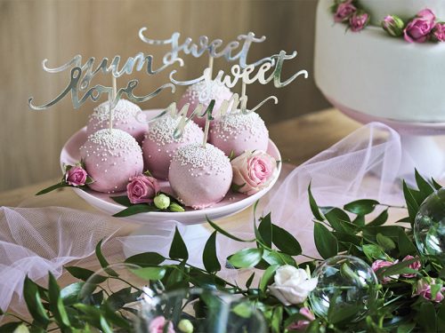 Süti dísz "Love, Sweet, Yum" ezüst (6 db) 