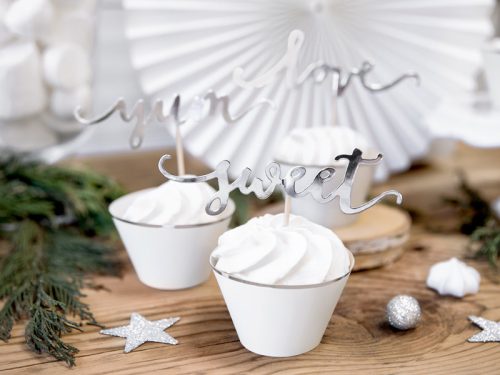 Süti dísz "Love, Sweet, Yum" ezüst (6 db) 