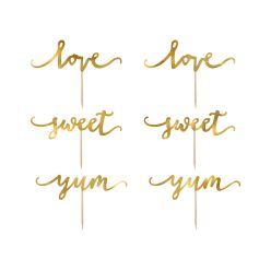 Süti dísz "Love, Sweet, Yum" arany (6 db)