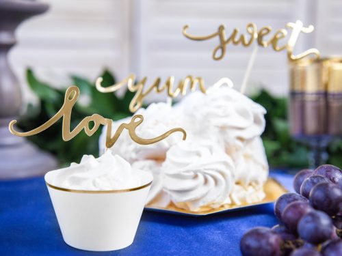 Süti dísz "Love, Sweet, Yum" arany (6 db)