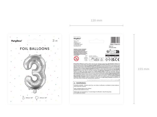 Szám fólia lufi ''3'' 35cm ezüst