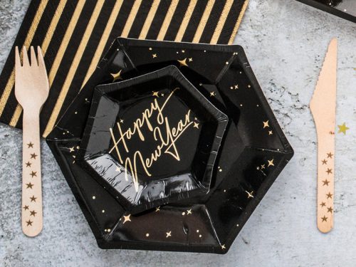 Fekete papírtányér arany mintával 20 cm  (6 db)