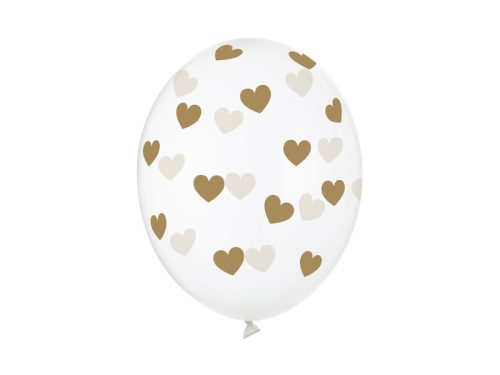 Kristálytiszta lufi 30cm - Arany szívek (6 db)