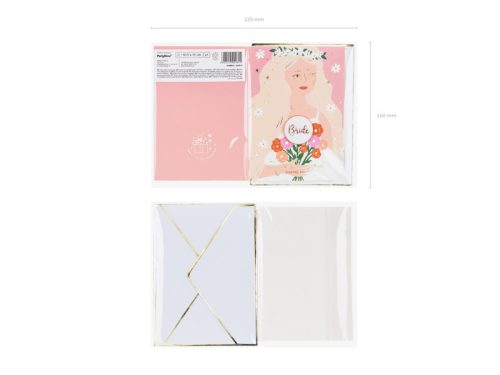 Üdvözlőlap kitűzővel „Bride” (Menyasszony) Lánybúcsúra