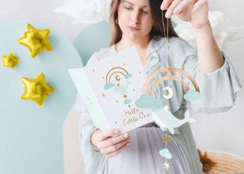 Üdvözlőlap babaköszöntésre - függő dekorációval