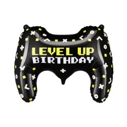   Gamepad formájú fólia lufi – Level Up Birthday felirattal