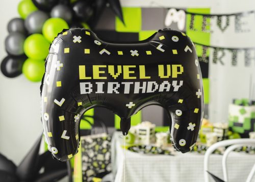 Gamepad formájú fólia lufi – Level Up Birthday felirattal