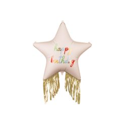   Csillag alakú Happy Birthday fólia lufi, rojtokkal 72x72 cm (1 db)