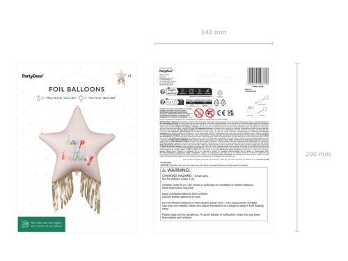 Csillag alakú Happy Birthday fólia lufi, rojtokkal 72x72 cm (1 db)
