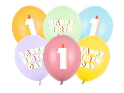 1. születésnapos pasztell lufik Happy Birthday felirattal, 30 cm (6 db)