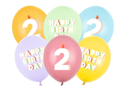 2. születésnapos pasztell lufik Happy Birthday felirattal, 30 cm (6 db)
