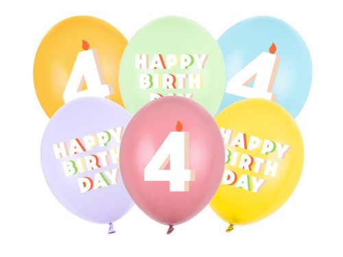 4. születésnapos pasztell lufik Happy Birthday felirattal, 30 cm (6 db)