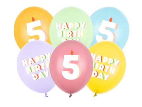 5. születésnapos pasztell lufik Happy Birthday felirattal, 30 cm (6 db)