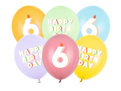 6. születésnapos pasztell lufik Happy Birthday felirattal, 30 cm (6 db)