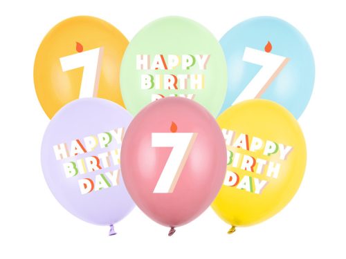 7. születésnapos pasztell lufik Happy Birthday felirattal, 30 cm (6 db)