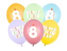 8. születésnapos pasztell lufik Happy Birthday felirattal, 30 cm (6 db)