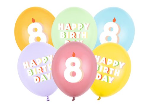 8. születésnapos pasztell lufik Happy Birthday felirattal, 30 cm (6 db)
