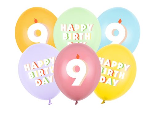 9. születésnapos pasztell lufik Happy Birthday felirattal, 30 cm (6 db)